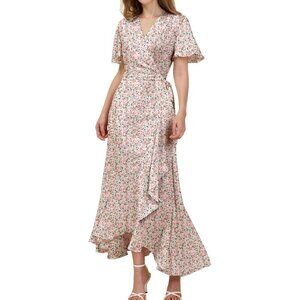 Women's Bohemian Floral Wrap Maxi Dress Summer Light Rayon Belted Elegant